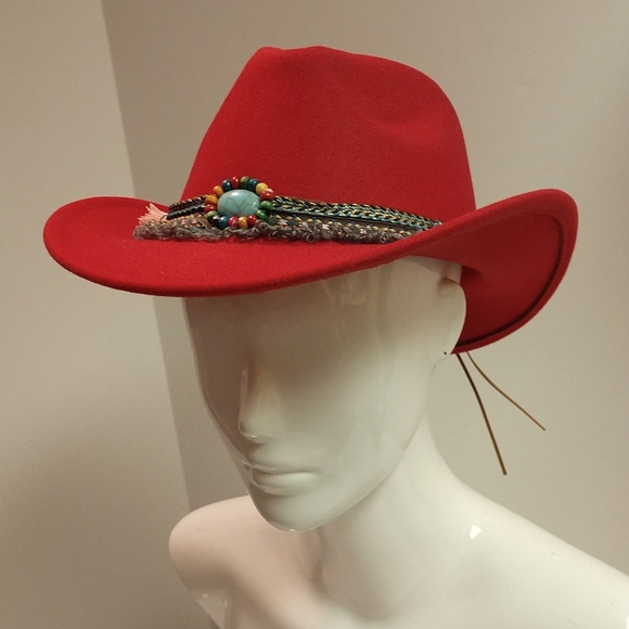Western Southern Red Cowboy Hat Turquoise Tassels Pendants Fringe Accent Boho - Picture 13 of 17